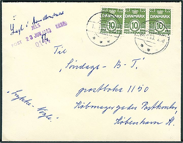 10 øre Bølgelinie (3) på brev fra Jels d. 16.4.1963 til København. Påskrevet Lagt i [???]brevkasse med trodat stempel Jels Post Eksp 0144 d. 23.6.1963.