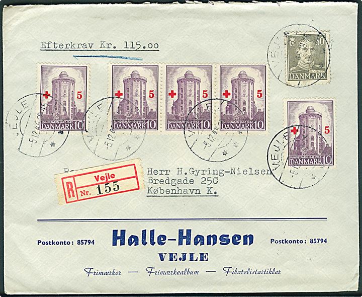 10+5 øre Røde Kors Provisorium (5) og 50 øre Chr. X på anbefalet brev med postopkrævning fra Vejle d. 5.12.1945 til København.