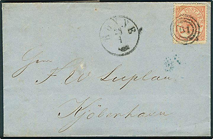 4 sk. Krone/Scepter på brev annulleret med nr.stempel 61 og sidestemplet antiqua Rønne d. 29.4.1868 til Kjøbenhavn. 