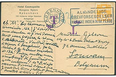 10 øre Bølgelinie på underfrankeret brevkort fra København d. 27.5.1935 til Belgien. To aftryk af dansk portostempel: T  cts.