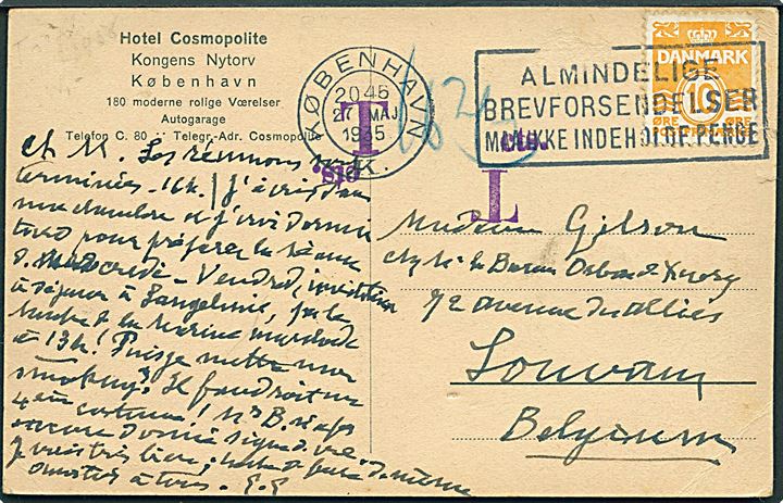 10 øre Bølgelinie på underfrankeret brevkort fra København d. 27.5.1935 til Belgien. To aftryk af dansk portostempel: T  cts.