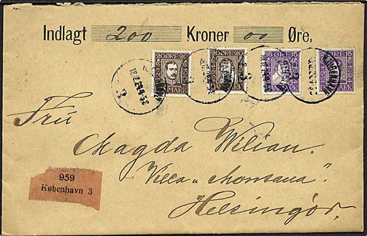 15 øre og 20 Chr. IV og Chr. X Postjubilæum udg. på 90 øre frankeret værdibrev fra København d. 18.12.1924 til Helsingør.