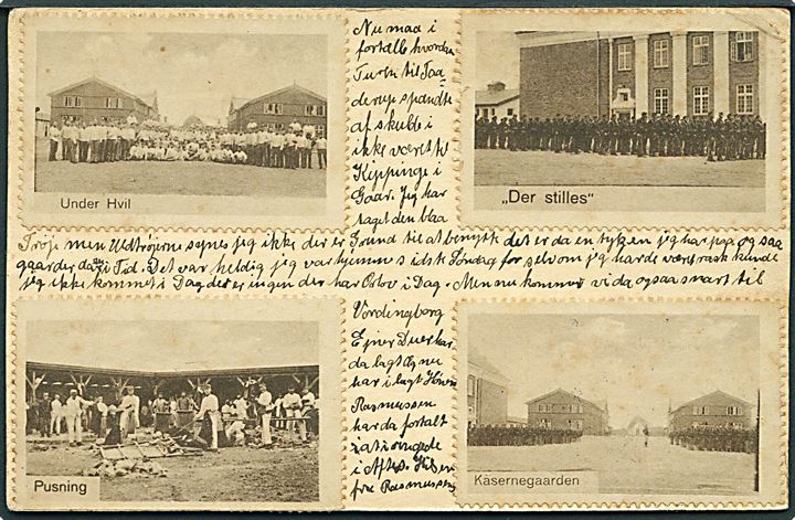 5 øre SB Soldaterbrevkort med fem forskellige soldatermærkater på for- og bagside fra Slagelse d. 12.3.1917 til Nr. Kirkeby pr. Nr. Alslev. 