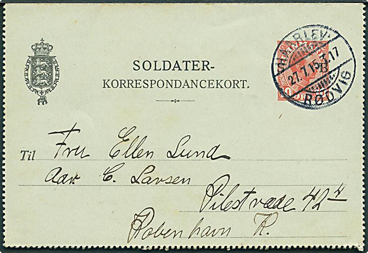 10 øre SB Soldaterkorrespondancekort fra Varpelev annulleret med bureaustempel Haarlev - Rødvig T.17 d 27.7.1915 til København. Fra soldat ved 2. Batl. 1. Komp. Feltpost.