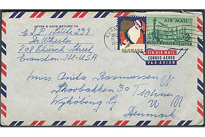15 cents Luftpost og dansk Julemærke 1958 (hj. mgl.) på luftpostbrev fra Evanston d. 19.12.1958 til Nykøbing Sj., Danmark.