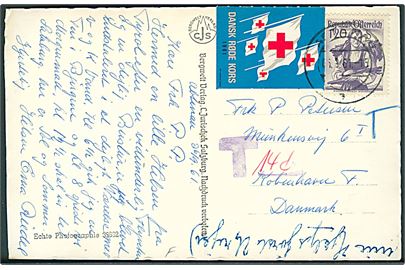 1,20 sh. og Dansk Røde Kors 1961 mærkat på underfranskeret brevkort fra Abtenau d. 26.9.1961 til København, Danmark. Violet T-stempel.