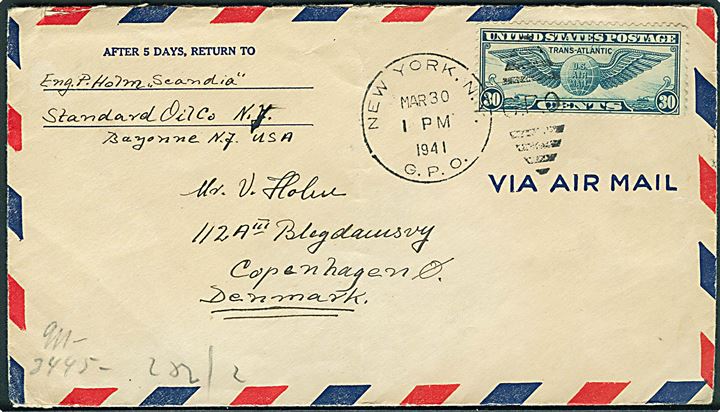 30 cents Winged Globe på luftpostbrev fra dansk sømand ombord på Standard Oil Co. tankskib S/S Scandia i New York d. 30.3.1941 til København, Danmark. Åbnet af tysk censur.