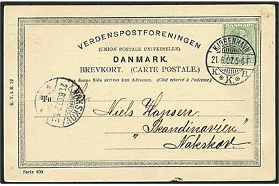 5 øre Chr. IX helsagsafklip anvendt som porto på tegnet postkort fra Kjøbenhavn d. 21.6.1907 til Nakskov.