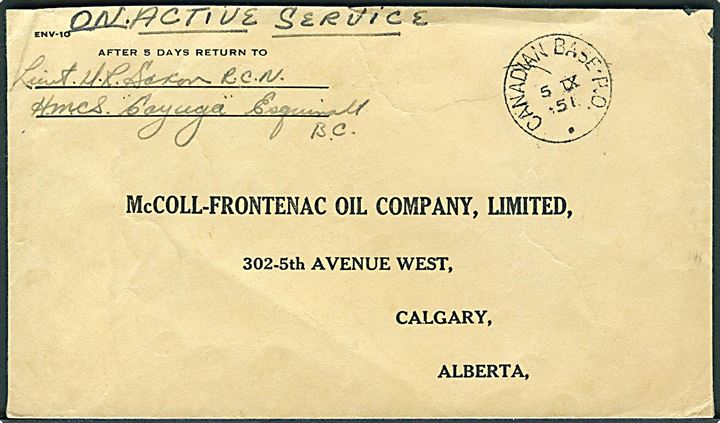 Ufrankeret OAS brev stemplet Canadian Base P.O. (= Vancouver, B.C.) d. 5.9.1951 til Calgary, Canada. Fra officer ombord på den canadiske destroyer HMCS Cayuga under Korea-krigen.