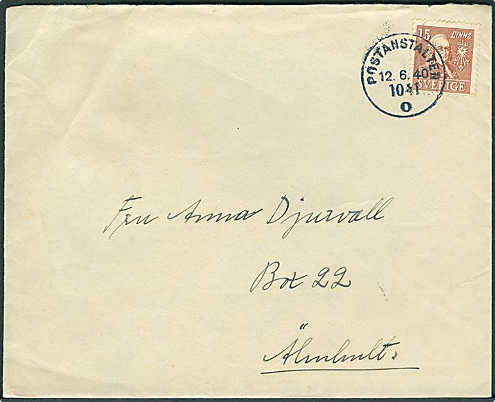 15 öre Linné single på brev annulleret Postanstalten 1041 O (= Revingehed) til Älmhult.