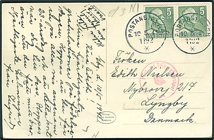 5 öre Gustaf i parstykke på brevkort fra Göteborg annulleret Postanstalten 1192* (= Nya Varvet 2) d. 10.5.1941 til Lyngby, Danmark. Dansk censur.