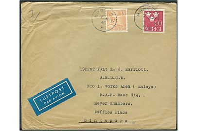 25 öre Gustaf og 60 öre Tre Troner på luftpostbrev fra Munkedal d. 7.6.1946 til RAF Base Hq., Raffles Place, Singapore. Fold gennem mærker.