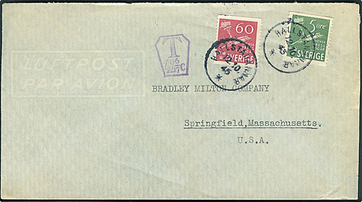 5 öre og 60 öre Svensk Presse på underfrankeret luftpostbrev fra Hallstahammar d. 12.10.1945 til Springfield, USA. Violet portostempel: T 42 6/7 c.