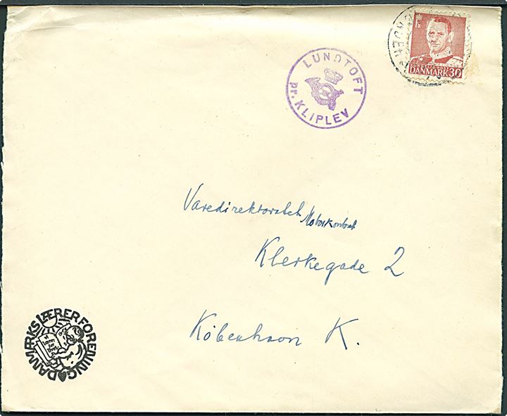 30 øre Fr. IX på brev annulleret med svagt bureaustempel Sønderborg - Tønder sn2 og sidestemplet med posthornstempel LUNDTOFT pr. KLIPLEV til København.
