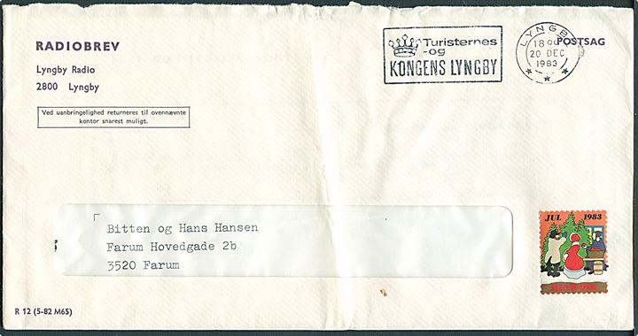 Radiobrev rudekuvert R 12 (5-82 M65) med Julemærke 1983 fra Lyngby Radio stemplet Lyngby d. 20.12.1983 til Farum. Indhold med julehilsen fra M/S Mercandia Admiral 2 - den senere Storebæltsfærge Heimdal. Bagklap mgl.