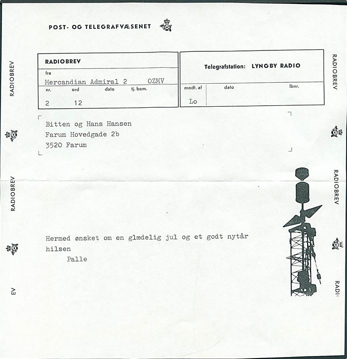 Radiobrev rudekuvert R 12 (5-82 M65) med Julemærke 1983 fra Lyngby Radio stemplet Lyngby d. 20.12.1983 til Farum. Indhold med julehilsen fra M/S Mercandia Admiral 2 - den senere Storebæltsfærge Heimdal. Bagklap mgl.