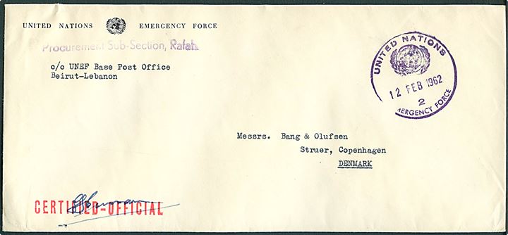 Ufrankeret fortrykt tjenestekuvert stemplet United nations Emergency Force 2 d. 12.2.1962 til Struer, Danmark. Fra Procurement Sub-Section Rafah c/o UNEF Base Post Office Beirut, Lebanon. Rødt stempel: Certified Official.