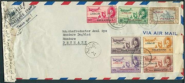 Egyptisk Palestine provisorium på blandingsfrankeret luftpostbrev fra Gaza d. 28.3.1950 til Randers, Danmark. Åbnet af egyptisk censur.