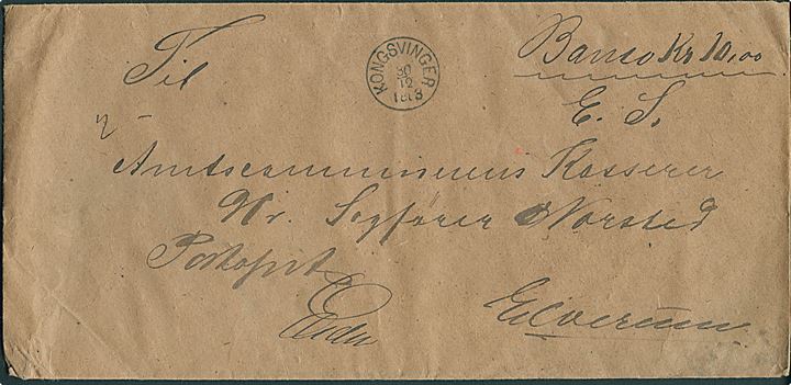 1883. Ufrankeret bancobrev fra Kongsvinger d. 30.12.1883 til Elverum. 