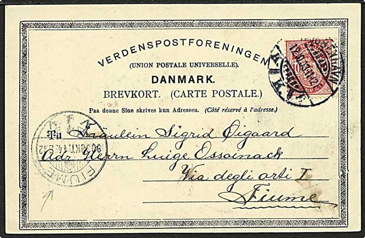 10 øre Våbentype single på brevkort fra Kjøbenhavn d. 12.10.1903 til Fiume, Ungarn. Tydeligt ank.stempel. God destination.