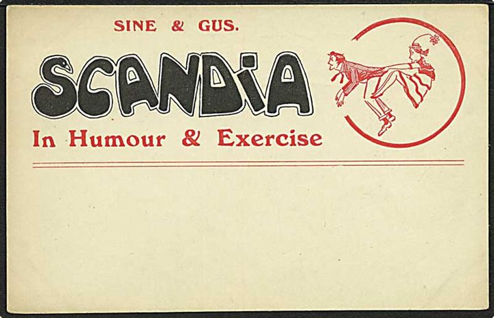 Reklamekort for Sine & Gus Scandia. In Humour & Exercise. Hines u/no.