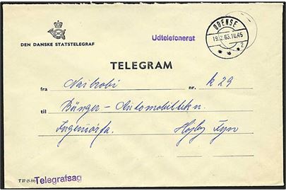 Ufrankeret telegramkuvert T27 (f-59) stemplet Odense d. 19.2.1963 til Højby, Fyn. Linie-stempel Udtelefoneret