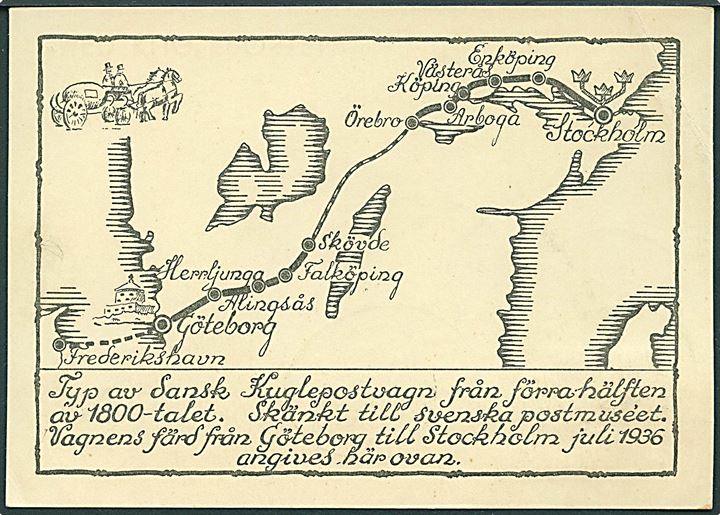 Kuglepostens rejse gennem Sverige. Frankeret med 5 öre Postjubilæum annulleret med ovalt Kuglepost-stempel Göteborg - Stockholm 1936.