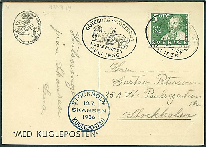 Kuglepostens rejse gennem Sverige. Frankeret med 5 öre Postjubilæum annulleret med ovalt Kuglepost-stempel Göteborg - Stockholm 1936.