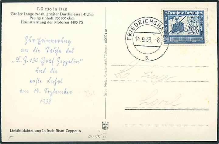 25 pfg. Graf Zeppelin på brevkort (Luftskib LZ130 Graf Zeppelin under bygning) stemplet Friedrichshafen d. 14.9.1938 til Lorch.