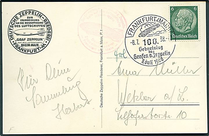 6 pfg. Hindenburg på brevkort (Luftskib LZ 130 Graf Zeppelin) stemplet Frankfurt (Mail) 100. Geburtstag des Grafen v. Zeppelin d. 8.7.1938.