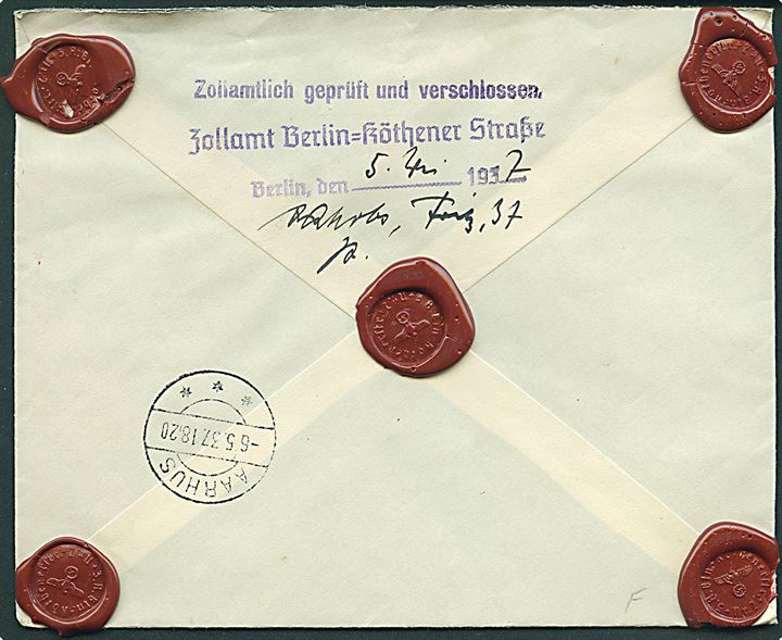 5 pfg. og 50 pfg. Hindenburg på anbefalet brev fra Berlin d. 5.5.1937 til Aarhus, Danmark. Åbnet af tysk toldkontrol.