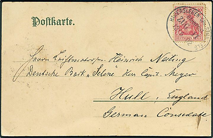 10 pfg. Germania på brevkort (Ein Gruss aus der Deutschen Nordmark) annulleret med bureaustempel Hadersleben - Christiansfeld Bahnpost Zug 11 d. 12.6.1902 til sømand ombord på det tyske barkskib Selene i Hull, England.
