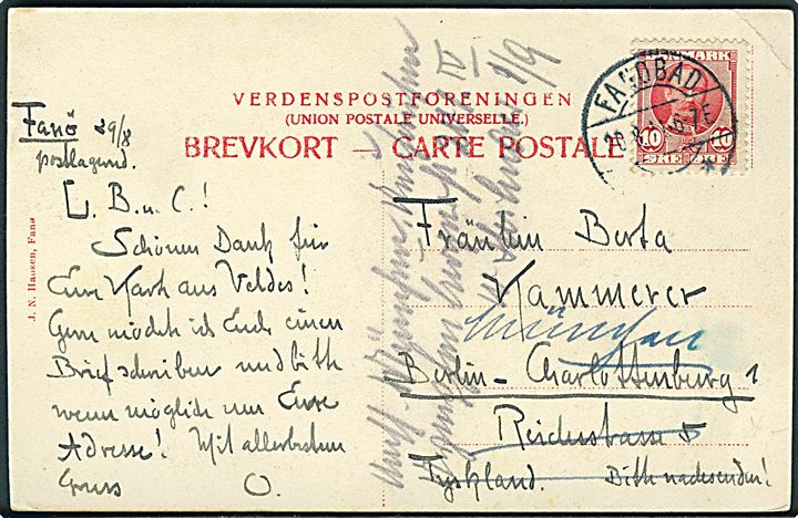 10 øre Fr. VIII på brevkort (Fanø kirke) annulleret med brotype IIa Fanøbad d. 30.8.1911 til Berlin, Tyskland - eftersendt.