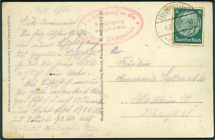6 pfg. Hindenburg på brevkort (Luftskib Graf Zeppelin over Friedrichshafen) fra Friedrichshafen d. 4.8.1933 til Waldheim. Ovalt stempel: Zur Erinnerung an die besichtigung des Luftschiffes * Graf Zeppelin *