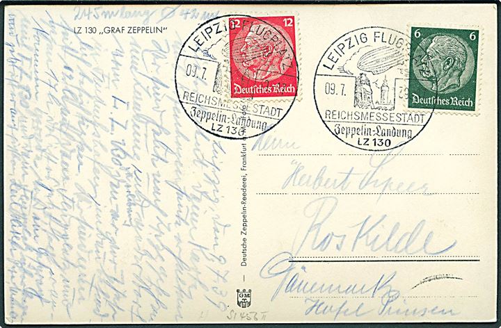 6 pfg. og 12 pfg. Hindenburg på brevkort (LZ 130 Graf Zeppelin) annulleret med særstempel Leipzig Flugplatz / Zeppelin Landung LZ 130 d. 9.7.1939 til Roskilde, Danmark.