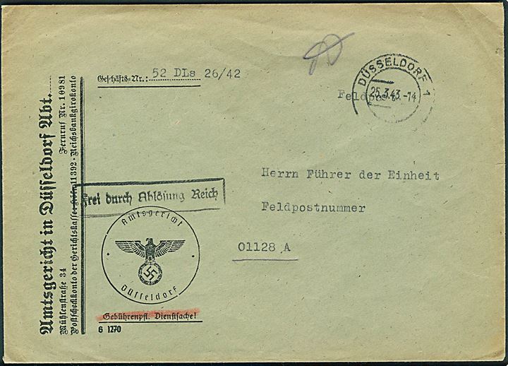 Ufrankeret tysk tjenestebrev sendt som feltpost fra Amtsgericht Düsseldorf d. 25.3.1943 til Feldpostnummer 01128A (= Stab Grenadier-Ausbildungs-Bataillon 18) stationeret i Høvelte, Danmark.