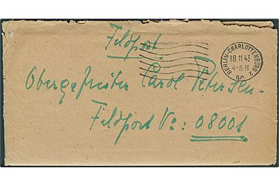Ufrankeret tysk feltpostbrev med indhold fra Berlin d. 18.11.1943 til soldat ved Feldpostnummer 08001 = Marine-Nachrichten-Offizier Hjørring i Danmark.