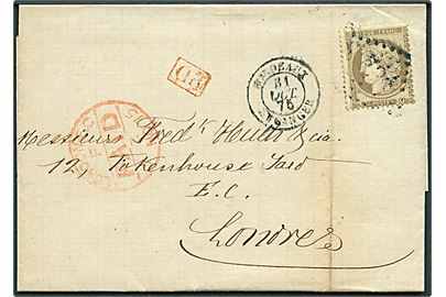 30 c. Ceres på brev fra Bordeaux d. 31.10.1875 til London, England.