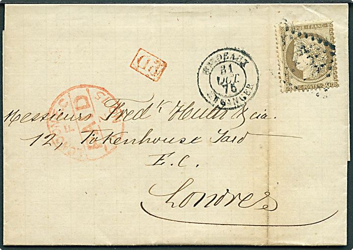 30 c. Ceres på brev fra Bordeaux d. 31.10.1875 til London, England.