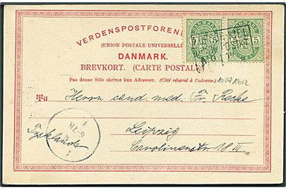5 øre Våben i parstykke på brevkort annulleret med skibsstempel Korsør - Kiel DPSK:POSTKT. No. 1 d. 10.8.1902 til Leipzig, Tyskland.