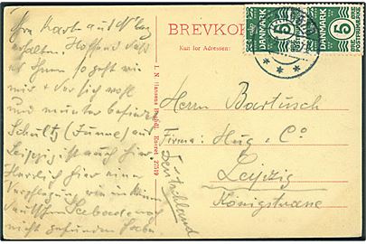 5 øre Bølgelinie i parstykke på brevkort annulleret med brotype IIa Fanøbad d. 3.8.1912 til Leipzig, Tyskland.