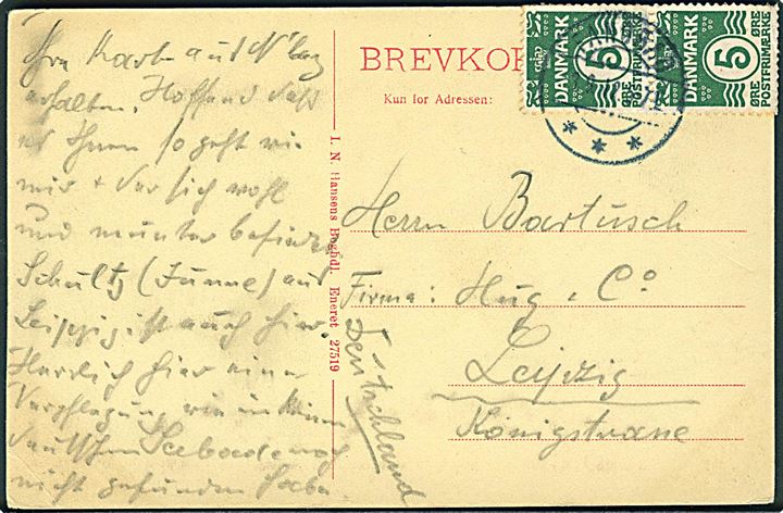 5 øre Bølgelinie i parstykke på brevkort annulleret med brotype IIa Fanøbad d. 3.8.1912 til Leipzig, Tyskland.