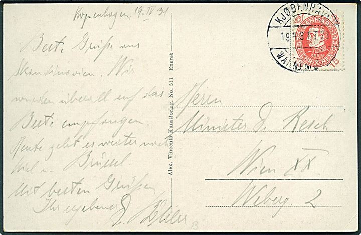 15 øre Chr. X 60 år på brevkort fra København annulleret med bureaustempel Kjøbenhavn - Warnemünde T.73 d. 19.4.1931 til Wien, Østrig.