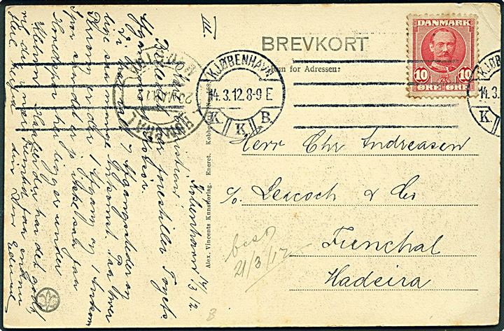 10 øre Fr. VIII på brevkort (Københavns Personbanegaard) fra Kjøbenhavn d. 14.3.1912 til Funchal, Madeira. Ank.stemplet d. 20.3.1912.