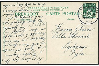 5 øre Bølgelinie på brevkort annulleret med brotype IIa Lille Skjensved d. 22.5.1913 til Agedrup.