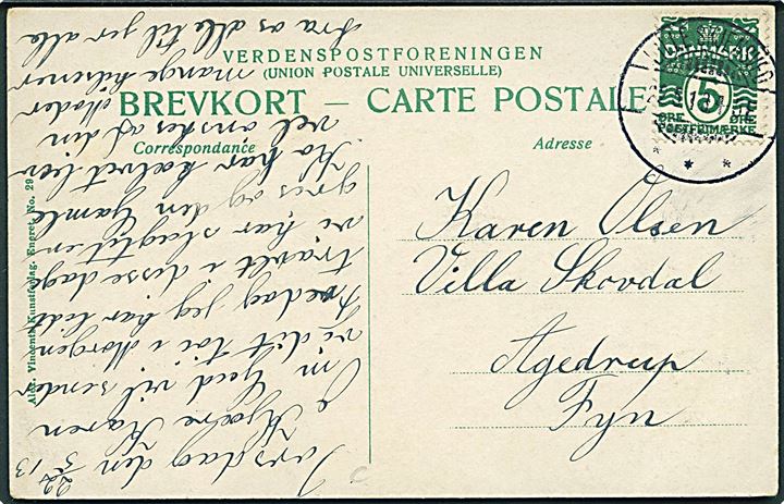 5 øre Bølgelinie på brevkort annulleret med brotype IIa Lille Skjensved d. 22.5.1913 til Agedrup.