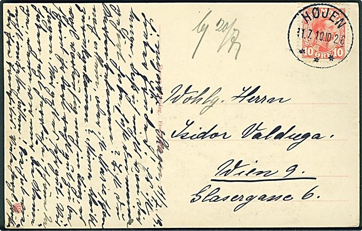 10 øre Chr. X på brevkort (Skagen. Holger Drachmanns Hjem. Villa Pax) annulleret med brotype IIIb Højen d. 11.7.1919 til Wien, Østrig.