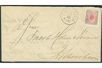 8 øre Tofarvet på brev annulleret med nr.stempel 17 og sidestemplet lapidar Fredericia d. 25.12.1877 til Kiøbenhavn.