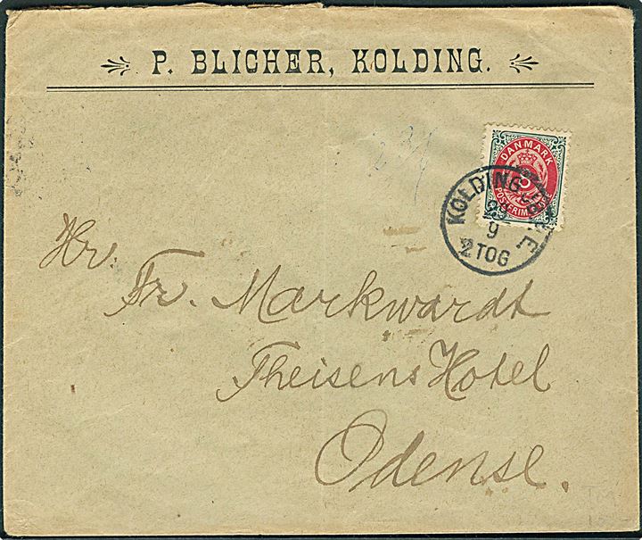 8 øre Tofarvet på brev annulleret med lapidar Kolding JB.P.E. d. 29.9.1898 til Odense.