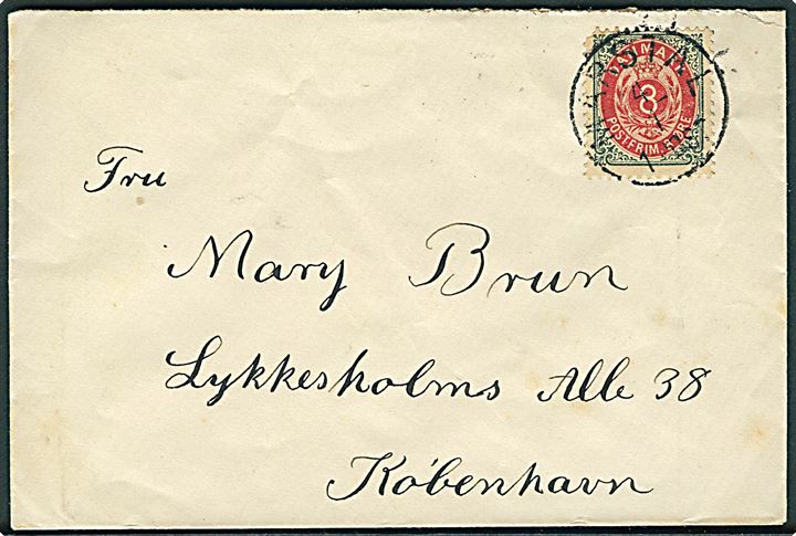 8 øre Tofarvet på brev annulleret med lapidar Marstal d. 4.1.1896 til København.